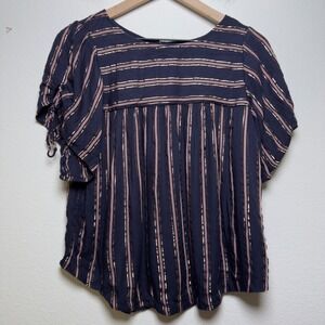 Anthropologie Women Cotton Cameron Tie Sleeve Blouse XS Navy Gold Striped Top